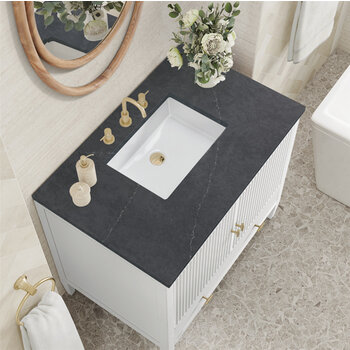 James Martin Furniture Myrrin 36'' Vanity, Bright White w/ 3 cm (1-3/8'') Thick Charcoal Soapstone Quartz Top and Rectangle Undermount Sink Overhead Top View