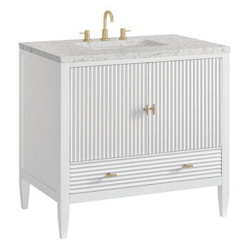 James Martin Furniture Myrrin 36'' Vanity, Bright White w/ 3 cm (1-3/8'') Thick Eternal Jasmine Pearl Quartz Top and Rectangle Undermount Sink Angle View