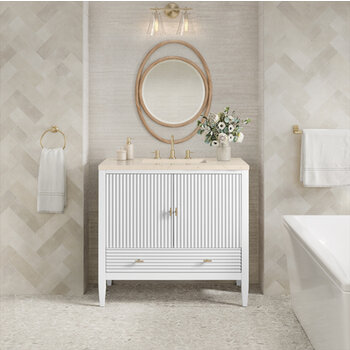 James Martin Furniture Myrrin 36'' Vanity, Bright White w/ 3 cm (1-3/8'') Thick Eternal Marfil Quartz Top and Rectangle Undermount Sink Installed View