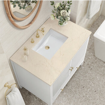 James Martin Furniture Myrrin 36'' Vanity, Bright White w/ 3 cm (1-3/8'') Thick Eternal Marfil Quartz Top and Rectangle Undermount Sink Overhead Top View