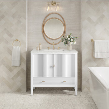 James Martin Furniture Myrrin 36'' Vanity, Bright White w/ 3 cm (1-3/8'') Thick Lime Delight Quartz Top and Rectangle Undermount Sink Installed View