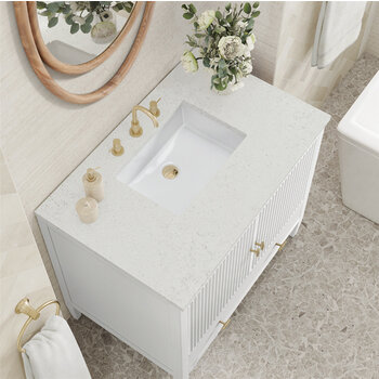 James Martin Furniture Myrrin 36'' Vanity, Bright White w/ 3 cm (1-3/8'') Thick Lime Delight Quartz Top and Rectangle Undermount Sink Overhead Top View