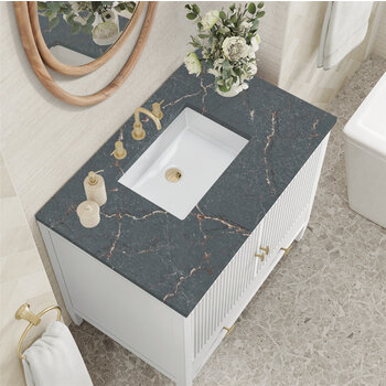 James Martin Furniture Myrrin 36'' Vanity, Bright White w/ 3 cm (1-3/8'') Thick Parisien Blue Quartz Top and Rectangle Undermount Sink Overhead Top View