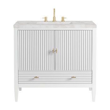 James Martin Furniture Myrrin 36'' Vanity, Bright White w/ 3 cm (1-3/8'') Thick Victorian Silver Quartz Top and Rectangle Undermount Sink Product View