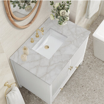 James Martin Furniture Myrrin 36'' Vanity, Bright White w/ 3 cm (1-3/8'') Thick Victorian Silver Quartz Top and Rectangle Undermount Sink Overhead Top View