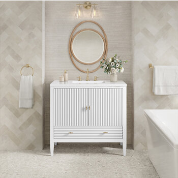 James Martin Furniture Myrrin 36'' Vanity, Bright White w/ 3 cm (1-3/8'') Thick White Zeus Quartz Top and Rectangle Undermount Sink Installed View