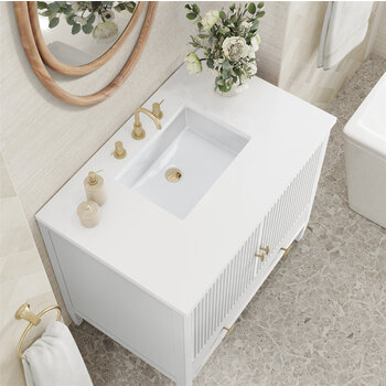 James Martin Furniture Myrrin 36'' Vanity, Bright White w/ 3 cm (1-3/8'') Thick White Zeus Quartz Top and Rectangle Undermount Sink Overhead Top View
