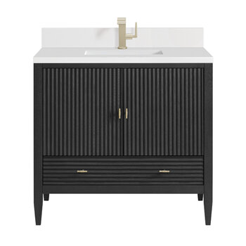 James Martin Furniture Myrrin 36'' Vanity, Carbon Oak w/ Single Hole 3 cm (1-3/8'') Thick White Zeus Quartz Top, Backsplash, and Rectangle Undermount Sink Product View