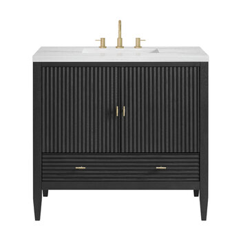 James Martin Furniture Myrrin 36'' Vanity, Carbon Oak w/ 3 cm (1-3/8'') Thick Arctic Fall Solid Surface Top and Rectangle Undermount Sink Product View