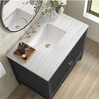 James Martin Furniture Myrrin 36'' Vanity, Carbon Oak w/ 3 cm (1-3/8'') Thick Arctic Fall Solid Surface Top and Rectangle Undermount Sink Overhead Top View