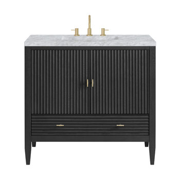 James Martin Furniture Myrrin 36'' Vanity, Carbon Oak w/ 3 cm (1-3/8'') Thick Carrara White Marble Top and Rectangle Undermount Sink Product View