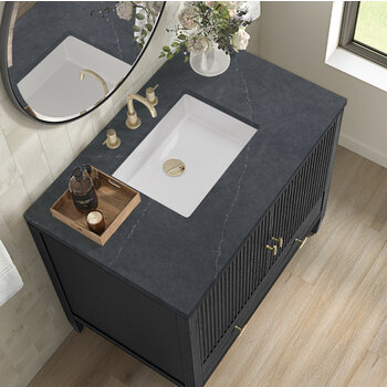 James Martin Furniture Myrrin 36'' Vanity, Carbon Oak w/ 3 cm (1-3/8'') Thick Charcoal Soapstone Quartz Top and Rectangle Undermount Sink Overhead Top View