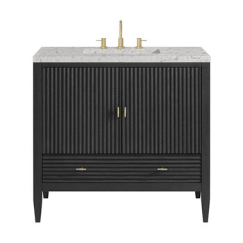 James Martin Furniture Myrrin 36'' Vanity, Carbon Oak w/ 3 cm (1-3/8'') Thick Eternal Jasmine Pearl Quartz Top and Rectangle Undermount Sink Product View