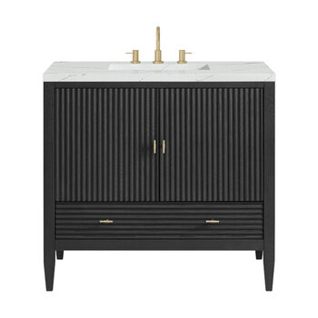 James Martin Furniture Myrrin 36'' Vanity, Carbon Oak w/ 3 cm (1-3/8'') Thick Eternal Noctis Quartz Top and Rectangle Undermount Sink Product View