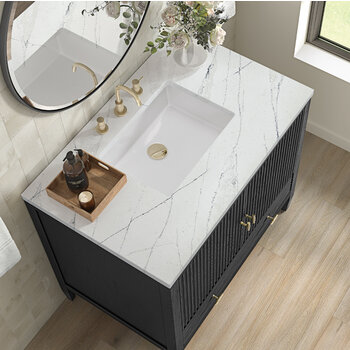 James Martin Furniture Myrrin 36'' Vanity, Carbon Oak w/ 3 cm (1-3/8'') Thick Eternal Noctis Quartz Top and Rectangle Undermount Sink Overhead Top View