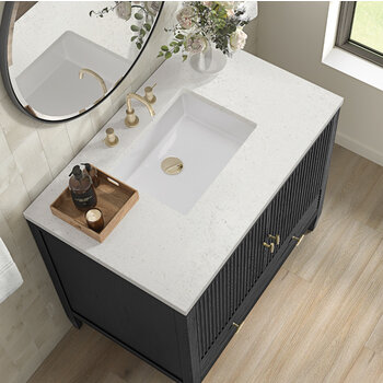 James Martin Furniture Myrrin 36'' Vanity, Carbon Oak w/ 3 cm (1-3/8'') Thick Lime Delight Quartz Top and Rectangle Undermount Sink Overhead Top View