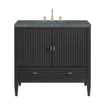 James Martin Furniture Myrrin 36'' Vanity, Carbon Oak w/ 3 cm (1-3/8'') Thick Parisien Blue Quartz Top and Rectangle Undermount Sink Product View