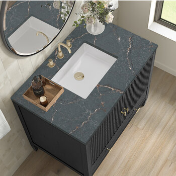 James Martin Furniture Myrrin 36'' Vanity, Carbon Oak w/ 3 cm (1-3/8'') Thick Parisien Blue Quartz Top and Rectangle Undermount Sink Overhead Top View