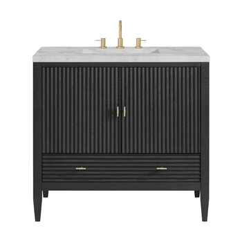 James Martin Furniture Myrrin 36'' Vanity, Carbon Oak w/ 3 cm (1-3/8'') Thick Victorian Silver Quartz Top and Rectangle Undermount Sink Product View