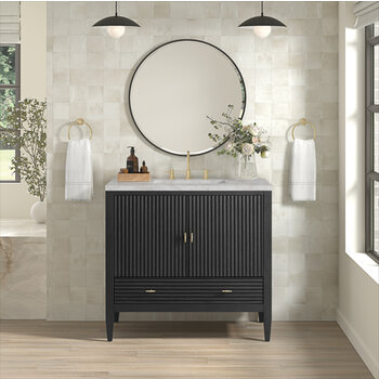 James Martin Furniture Myrrin 36'' Vanity, Carbon Oak w/ 3 cm (1-3/8'') Thick Victorian Silver Quartz Top and Rectangle Undermount Sink Installed View
