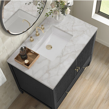 James Martin Furniture Myrrin 36'' Vanity, Carbon Oak w/ 3 cm (1-3/8'') Thick Victorian Silver Quartz Top and Rectangle Undermount Sink Overhead Top View