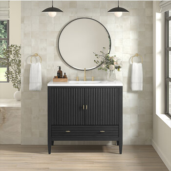 James Martin Furniture Myrrin 36'' Vanity, Carbon Oak w/ 3 cm (1-3/8'') Thick White Zeus Quartz Top and Rectangle Undermount Sink Installed View