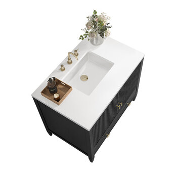 James Martin Furniture Myrrin 36'' Vanity, Carbon Oak w/ 3 cm (1-3/8'') Thick White Zeus Quartz Top and Rectangle Undermount Sink Overhead Top View
