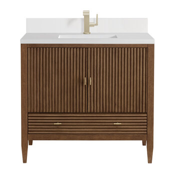James Martin Furniture Myrrin 36'' Vanity, Mid Century Walnut w/ Single Hole 3 cm (1-3/8'') Thick White Zeus Quartz Top, Backsplash, and Rectangle Undermount Sink Product View