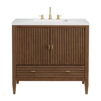 James Martin Furniture Myrrin 36'' Vanity, Mid Century Walnut w/ 3 cm (1-3/8'') Thick Arctic Fall Solid Surface Top and Rectangle Undermount Sink Product View