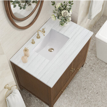 James Martin Furniture Myrrin 36'' Vanity, Mid Century Walnut w/ 3 cm (1-3/8'') Thick Arctic Fall Solid Surface Top and Rectangle Undermount Sink Overhead Top View