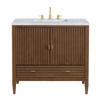James Martin Furniture Myrrin 36'' Vanity, Mid Century Walnut w/ 3 cm (1-3/8'') Thick Carrara White Marble Top and Rectangle Undermount Sink Product View