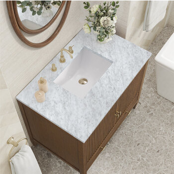 James Martin Furniture Myrrin 36'' Vanity, Mid Century Walnut w/ 3 cm (1-3/8'') Thick Carrara White Marble Top and Rectangle Undermount Sink Overhead Top View