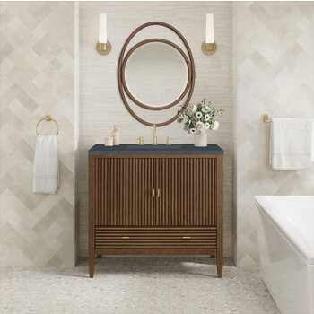 James Martin Furniture Myrrin 36'' Vanity, Mid Century Walnut w/ 3 cm (1-3/8'') Thick Charcoal Soapstone Quartz Top and Rectangle Undermount Sink Installed View