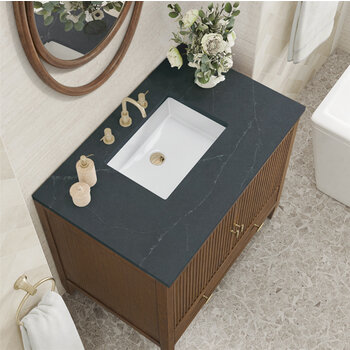 James Martin Furniture Myrrin 36'' Vanity, Mid Century Walnut w/ 3 cm (1-3/8'') Thick Charcoal Soapstone Quartz Top and Rectangle Undermount Sink Overhead Top View