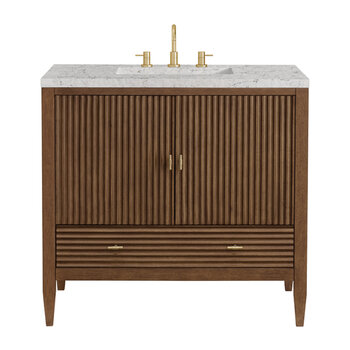 James Martin Furniture Myrrin 36'' Vanity, Mid Century Walnut w/ 3 cm (1-3/8'') Thick Eternal Jasmine Pearl Quartz Top and Rectangle Undermount Sink Product View