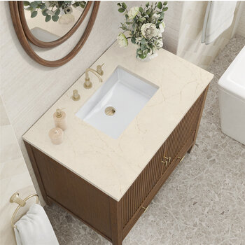 James Martin Furniture Myrrin 36'' Vanity, Mid Century Walnut w/ 3 cm (1-3/8'') Thick Eternal Marfil Quartz Top and Rectangle Undermount Sink Overhead Top View