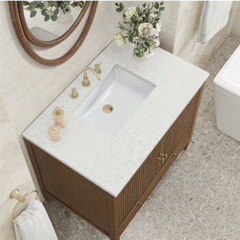 James Martin Furniture Myrrin 36'' Vanity, Mid Century Walnut w/ 3 cm (1-3/8'') Thick Lime Delight Quartz Top and Rectangle Undermount Sink Overhead Top View
