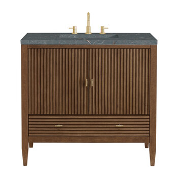 James Martin Furniture Myrrin 36'' Vanity, Mid Century Walnut w/ 3 cm (1-3/8'') Thick Parisien Blue Quartz Top and Rectangle Undermount Sink Product View
