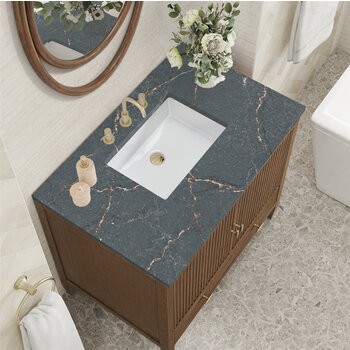 James Martin Furniture Myrrin 36'' Vanity, Mid Century Walnut w/ 3 cm (1-3/8'') Thick Parisien Blue Quartz Top and Rectangle Undermount Sink Overhead Top View