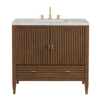 James Martin Furniture Myrrin 36'' Vanity, Mid Century Walnut w/ 3 cm (1-3/8'') Thick Victorian Silver Quartz Top and Rectangle Undermount Sink Product View
