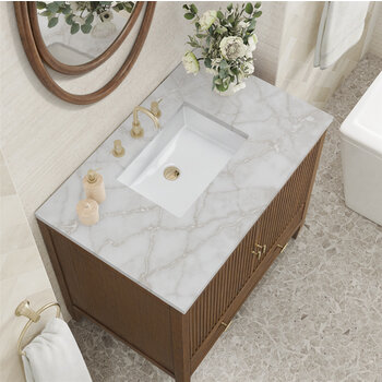 James Martin Furniture Myrrin 36'' Vanity, Mid Century Walnut w/ 3 cm (1-3/8'') Thick Victorian Silver Quartz Top and Rectangle Undermount Sink Overhead Top View