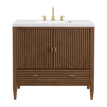 James Martin Furniture Myrrin 36'' Vanity, Mid Century Walnut w/ 3 cm (1-3/8'') Thick White Zeus Quartz Top and Rectangle Undermount Sink Product View