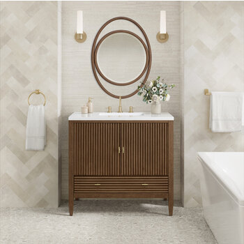 James Martin Furniture Myrrin 36'' Vanity, Mid Century Walnut w/ 3 cm (1-3/8'') Thick White Zeus Quartz Top and Rectangle Undermount Sink Installed View