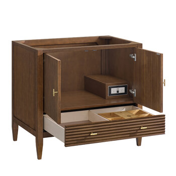 James Martin Furniture Myrrin 36'' Vanity, Mid-Century Walnut Base Cabinet Only Opened View