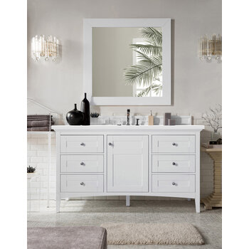 James Martin Furniture Palisades 60'' Single Vanity in Bright White w/ 3cm (1-3/8'') Thick White Zeus Quartz Top