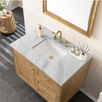 James Martin Furniture Laurent 36'' Single Vanity in Light Natural Oak with 3cm (1-3/8'') Thick Carrara Marble Top and Rectangle Sink