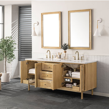 James Martin Furniture Laurent 72'' Double Vanity, Light Natural Oak with 3cm (1-3/8'') Thick Arctic Fall Top and Rectangle Sinks