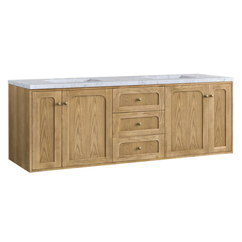 James Martin Furniture Laurent 72'' Double Vanity, Light Natural Oak with 3cm (1-3/8'') Thick Carrara Marble Top and Rectangle Sinks