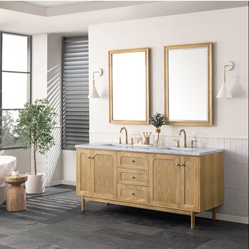 James Martin Furniture Laurent 72'' Double Vanity, Light Natural Oak with 3cm (1-3/8'') Thick Carrara Marble Top and Rectangle Sinks