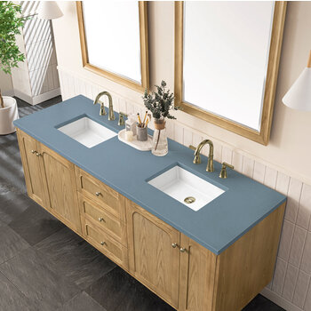 James Martin Furniture Laurent 72'' Double Vanity, Light Natural Oak with 3cm (1-3/8'') Thick Cala Blue Top and Rectangle Sinks